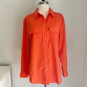 Neiman Marcus Dual Flap Pocket Collared Button Down Shirt Orange Pink Print, Med